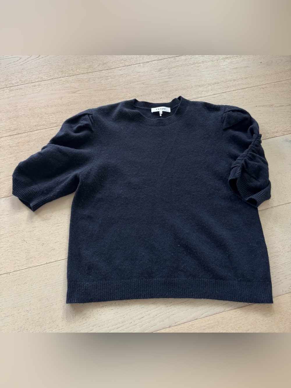 FRAME Frankie Ruched Puff Sleeve cashmere sweater  Navy Blue XL - Picture 4 of 9